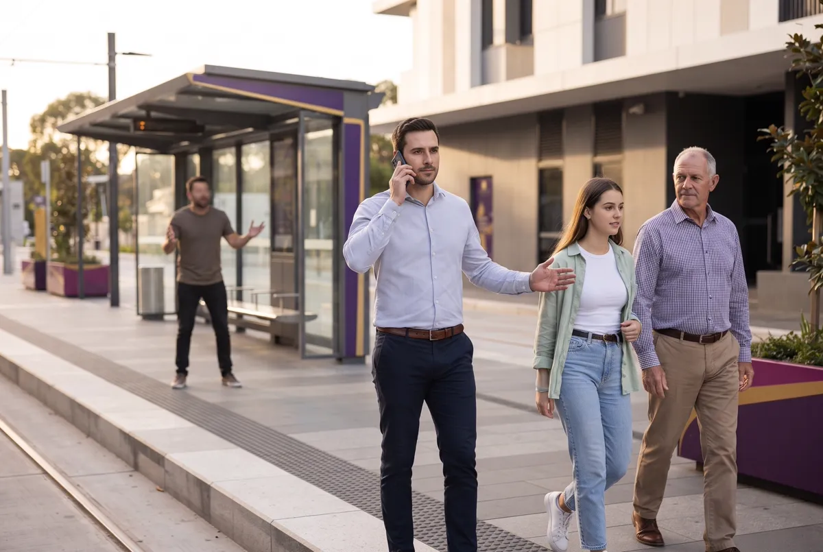 A bystander calling emergency services at an Australian transport platform