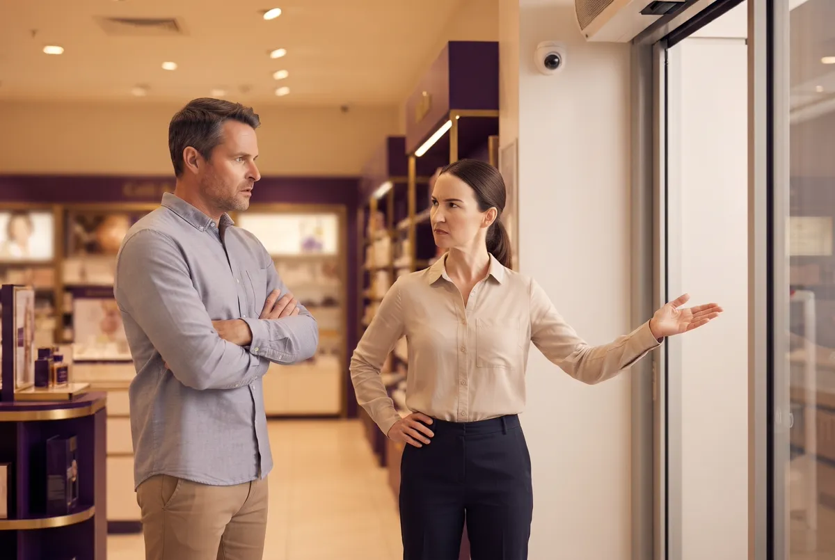 A shop manager calmly directing a person toward an exit