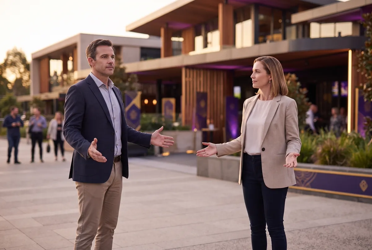 Two adults stepping apart after a tense encounter outside an Australian venue