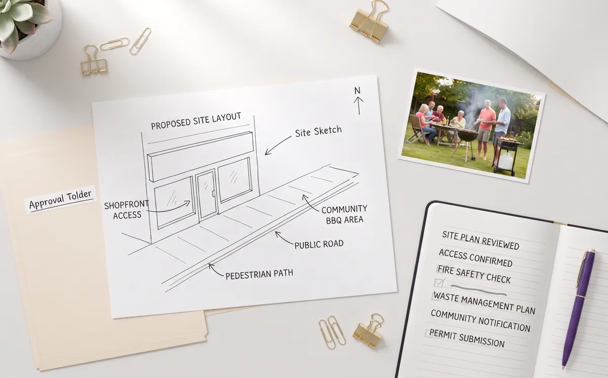 A barbecue site sketch, approval documents and a checklist arranged on a purple and gold desk.