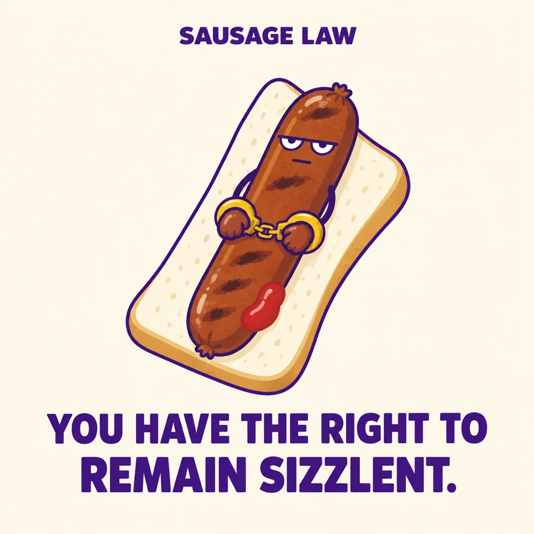 A cartoon sausage in handcuffs beneath the words: You have the right to remain sizzlent.