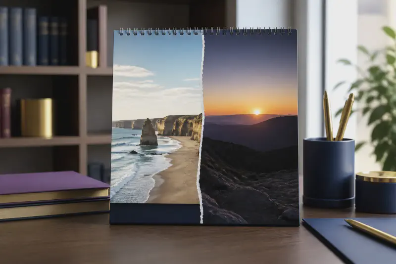 A calendar split exactly down the middle between two households, half torn away, in navy and gold tones.