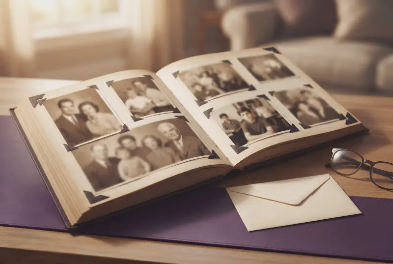 An open family photo album beside a sealed envelope and reading glasses on a wooden table in soft gold light with purple accents