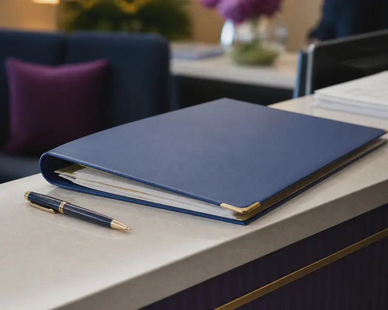 A hospital admissions folder labelled advance health directive resting beside a pen on an intake desk, in navy and gold tones.