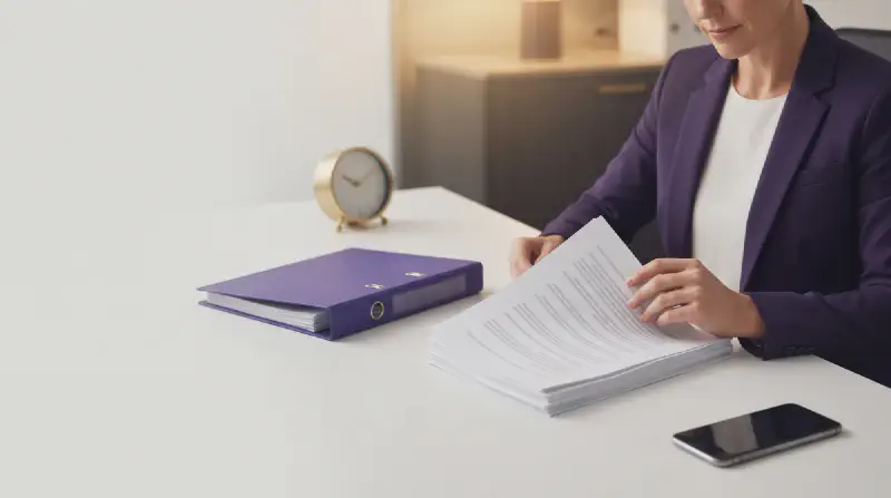 A legal file beside a calendar and separate pause symbol.