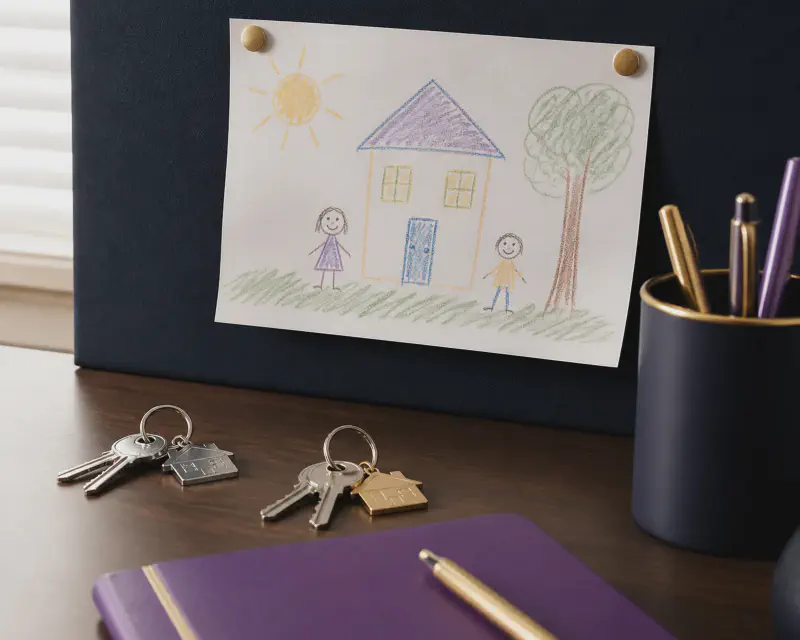 A child's drawing pinned above two separate house key sets on a mediation desk, in navy and gold tones.