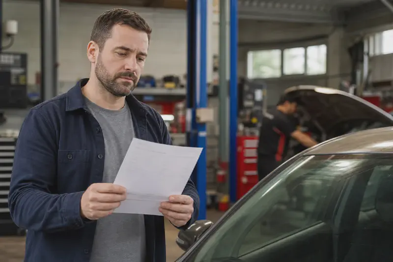Customer reviewing a car repair invoice at an automotive workshop.