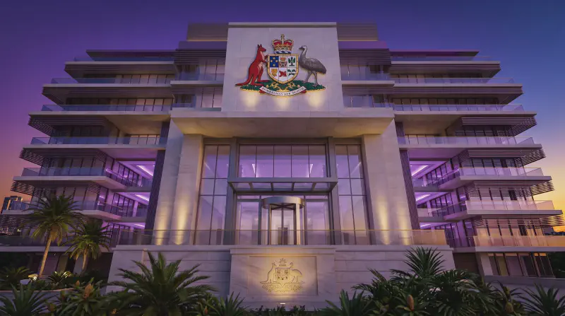 Government building columns in evening light representing administrative law and government decisions in Queensland