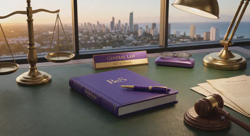 Solicitor's desk with scales of justice and notepad representing general legal services on the Gold Coast