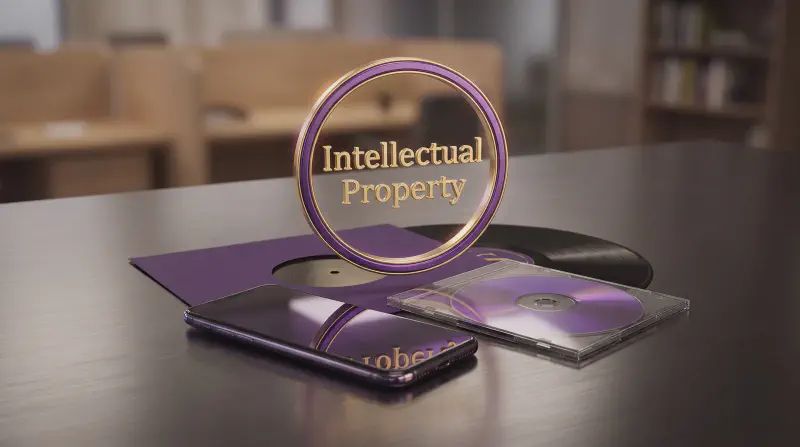 Copyright and trademark symbols with creative work representing intellectual property protection