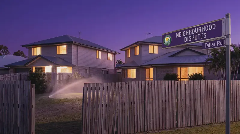 Suburban fence line between two homes representing neighbour disputes in Queensland