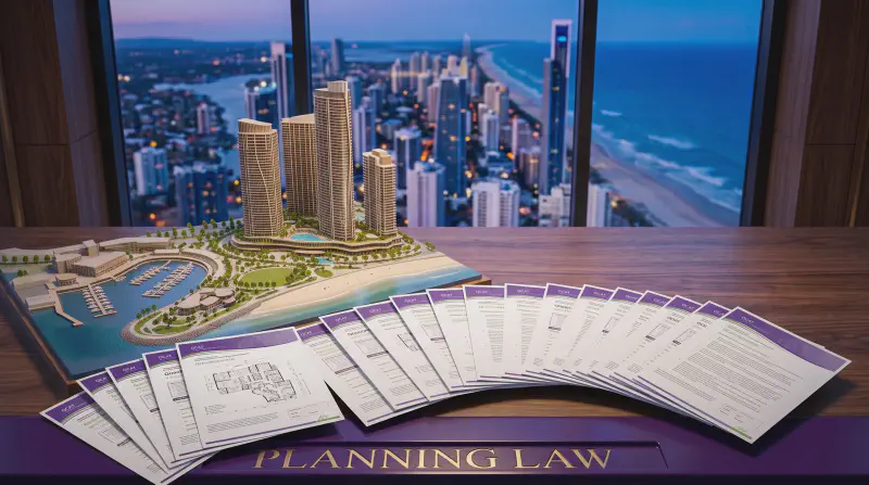 Architectural plans and development application forms representing QLD planning law