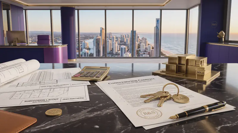 House keys, contract and calculator representing Queensland conveyancing and property law