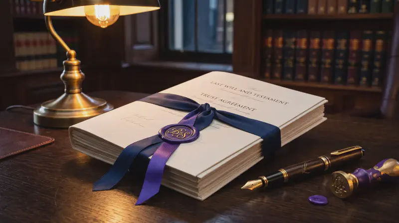Wills, probate documents and a fountain pen on a desk representing Queensland estate planning
