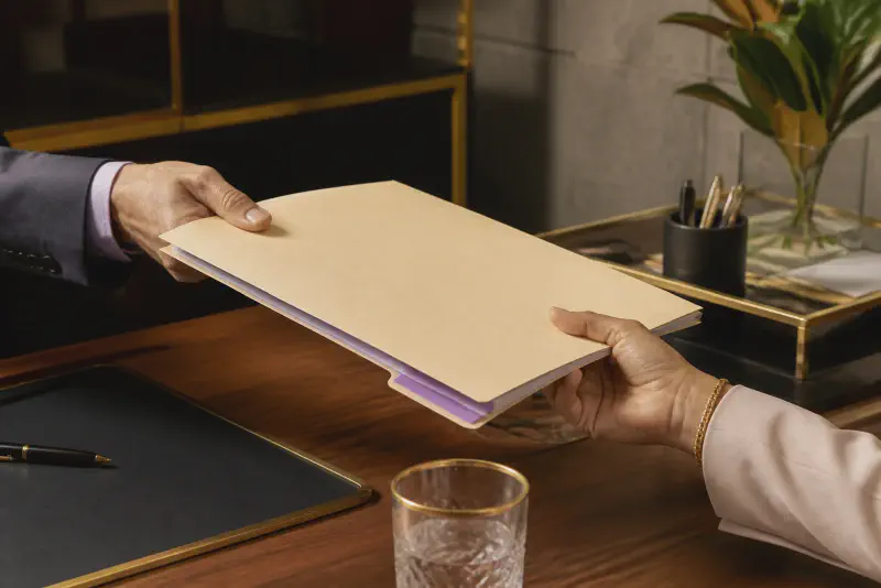 A client's file folder being handed across a desk from one solicitor to another, in navy and gold tones.