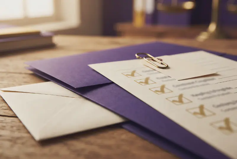 Sealed cream envelope and a checklist with blurred ticks on a timber desk beside a royal purple folder and brass paperclip