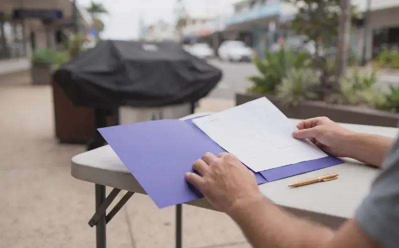 An event organiser reviewing an approval folder and a site sketch beside a packed-down community barbecue.