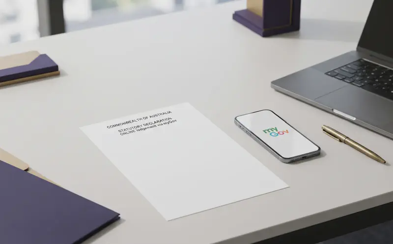 A smartphone displaying a secure digital identity verification screen alongside Australian Commonwealth statutory declaration forms