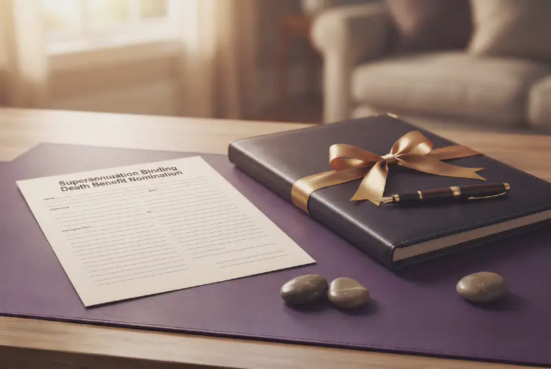 A superannuation nomination form, a will folder and a fountain pen arranged on a tidy desk with royal purple and gold tones