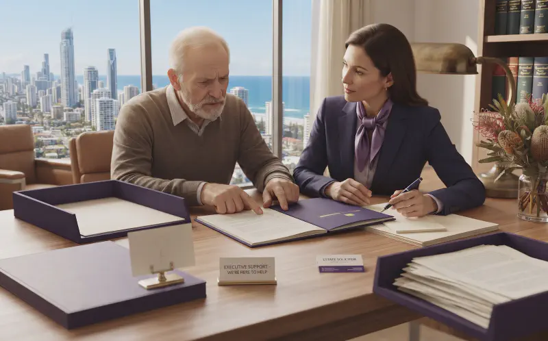 An elderly executor reviewing probate and estate administration documents with a supportive legal professional