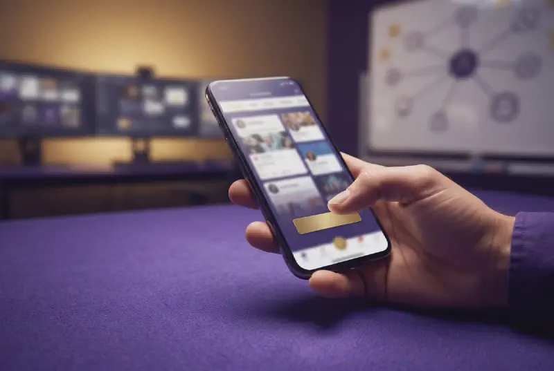 Hand holding a smartphone over a purple table with blurred abstract feed of cards and thumb near an unmarked gold button in evening light