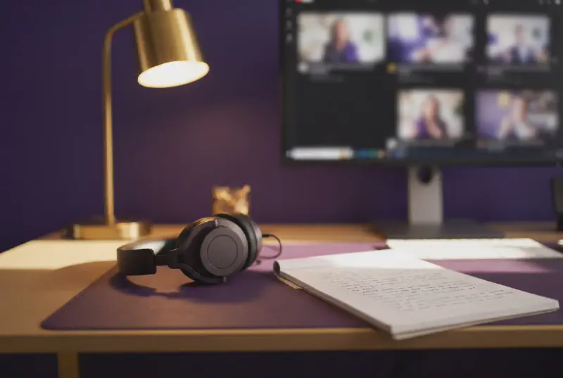 Creator desk with headphones, a handwritten script and blurred video frames under warm gold light against a royal purple wall