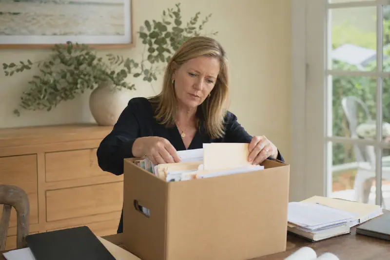 Woman searching through documents at home looking for a missing will.