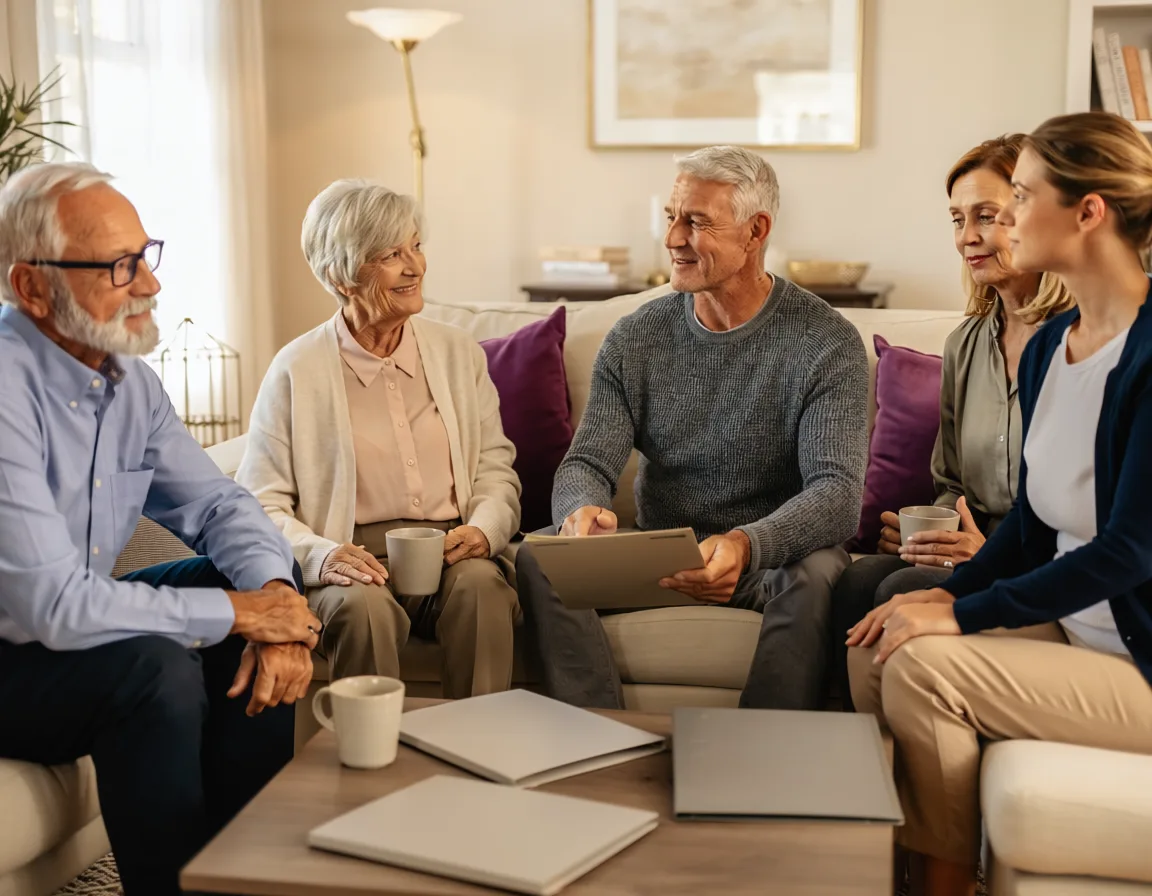 Multigenerational Queensland family discussing estate-planning documents in a calm home setting with royal-purple and gold accents