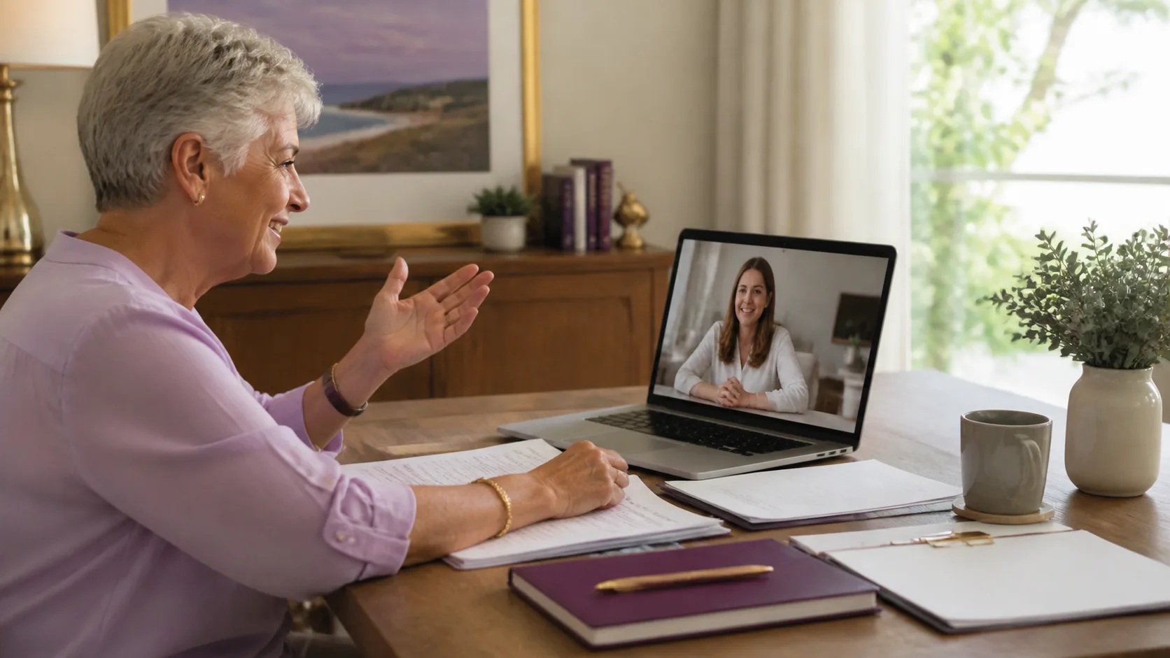 Adult daughter on a video call with an older parent reviewing estate-planning documents, in royal-purple and gold styling