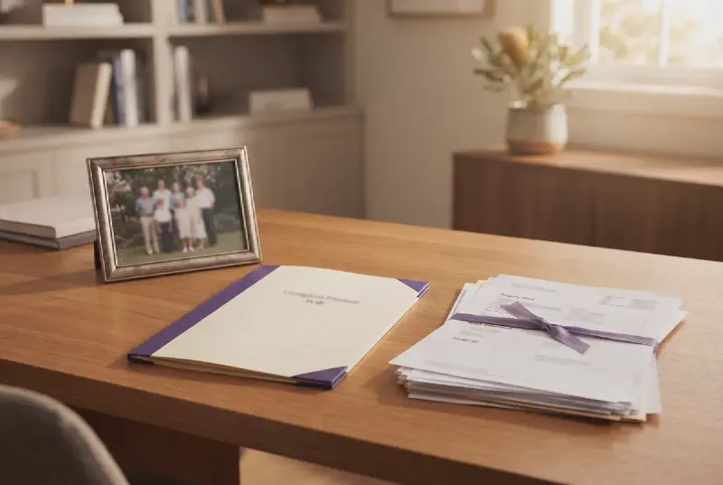 An unsigned will folder beside a family photograph and estate papers