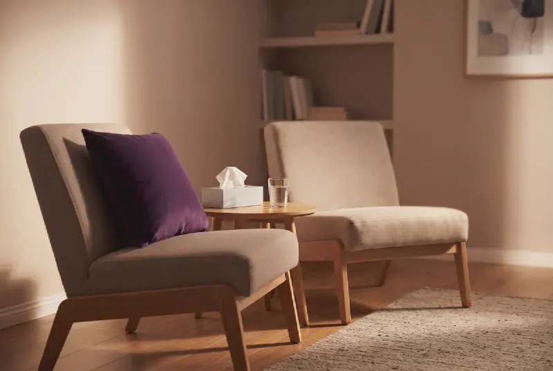 Quiet softly lit interview room with two empty chairs angled together, a royal purple cushion, tissues and a glass of water in gold afternoon light