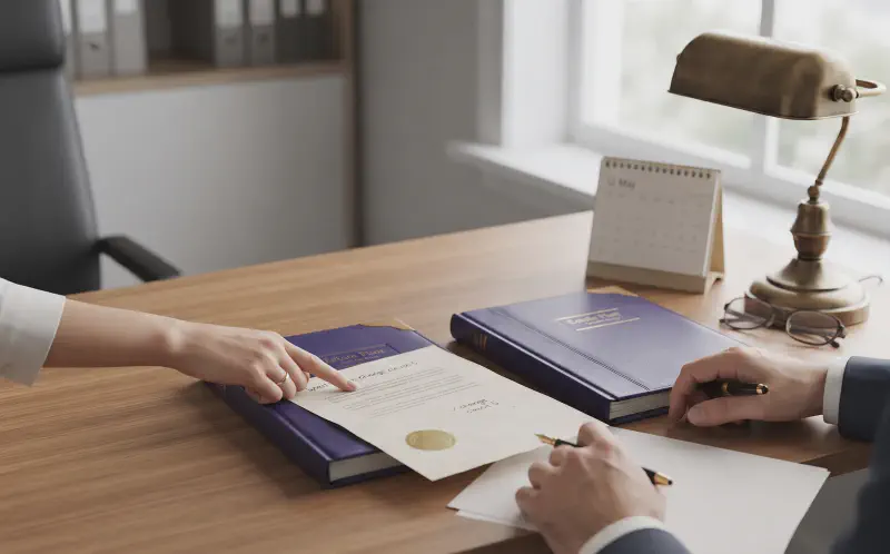 An estate planning consultation folder and legal documents with a warm desk lamp in royal purple and gold tones