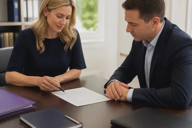Two parents reviewing a school enrolment form together across a table, in navy and gold tones.