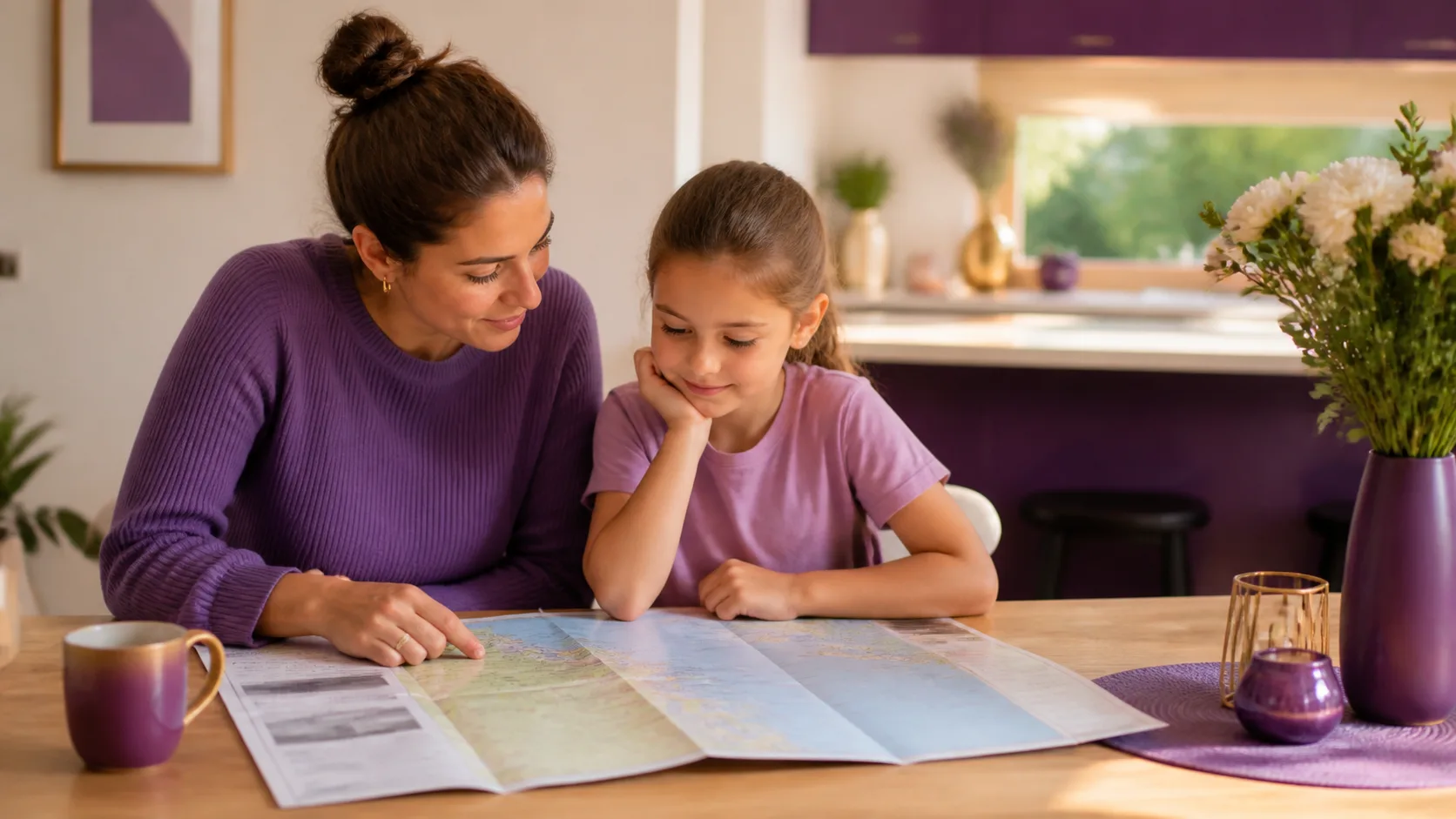 Separated parent with child reviewing a map and travel plans at a kitchen table, in subtle royal-purple and gold colours