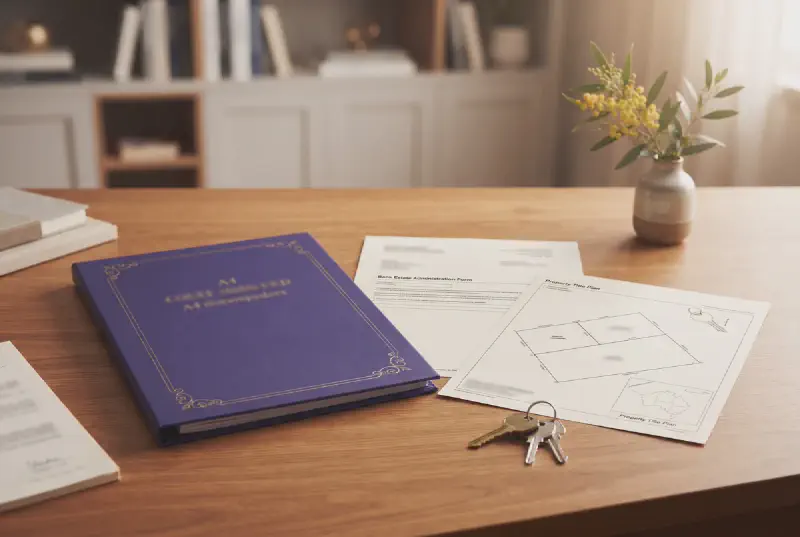 A grant of probate folder beside a bank estate form and jointly owned property title