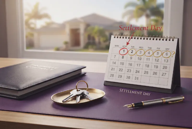 A property contract, a set of house keys and a desk calendar with a short run of dates circled in gold on a purple-toned desk
