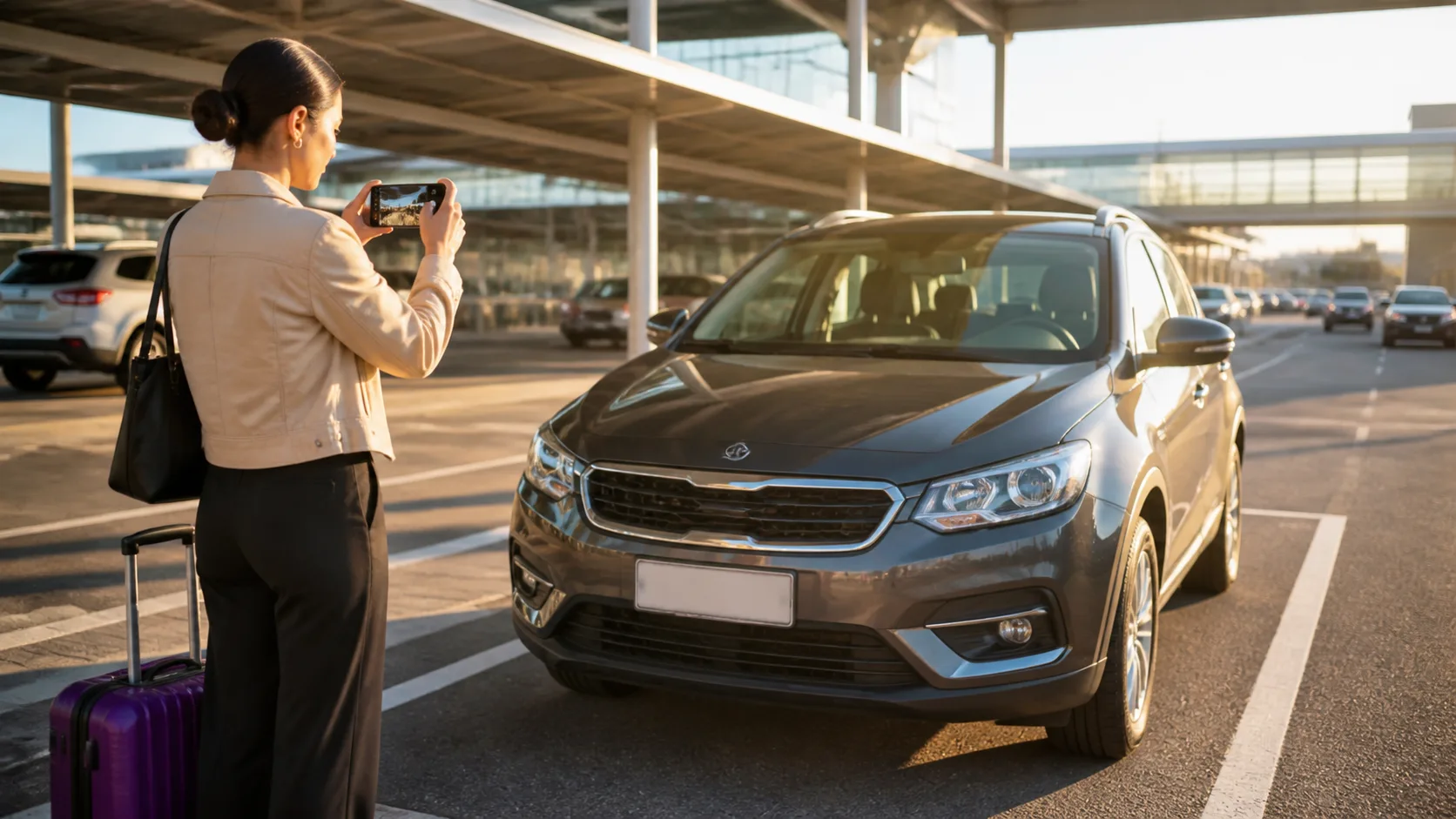 Traveller photographing a rental vehicle condition report with a smartphone at a Gold Coast airport car park, royal-purple and gold details