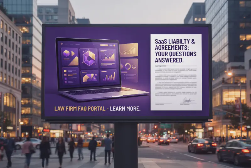 Laptop with an abstract purple and gold dashboard of shapes and a printed agreement with blurred text beside it in a modern office