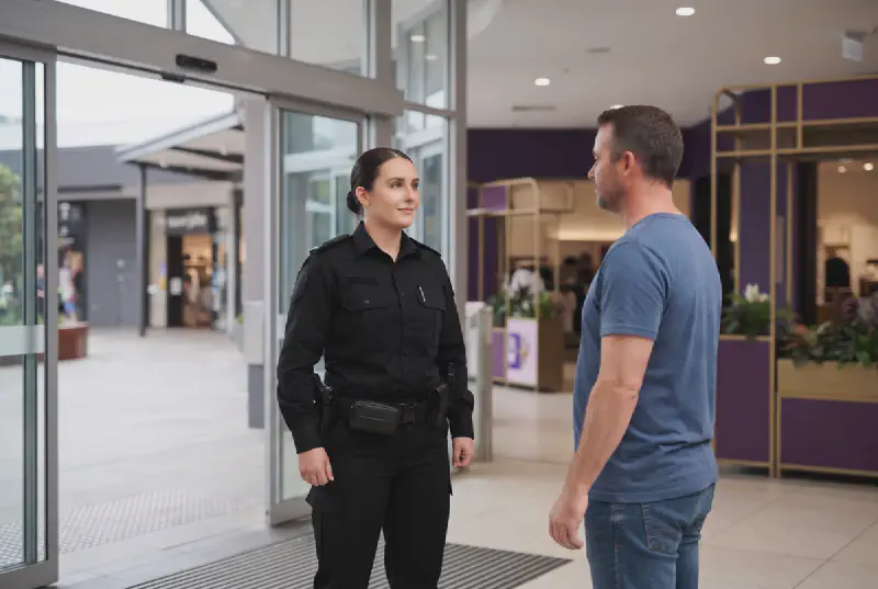 A professional security officer speaking calmly with a customer near a shopping centre exit