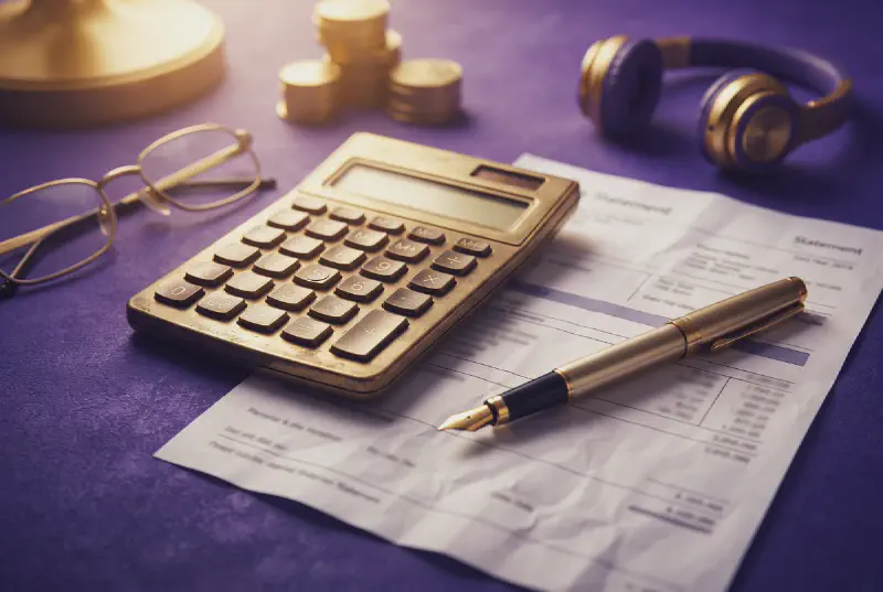 Superannuation statement with blurred illegible figures, desktop calculator and reading glasses on a purple desk mat with gold pen