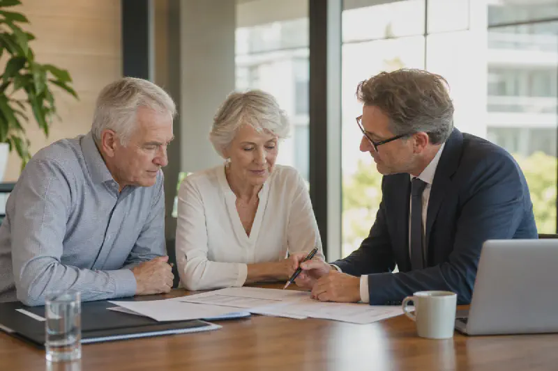 Older couple reviewing superannuation and estate planning documents with an adviser.