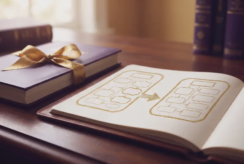 Bound deed tied with gold ribbon and a hand-sketched box-and-arrow flowchart without words on a royal purple leather desk pad
