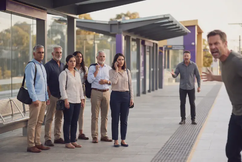 Passengers keeping distance from an agitated person at an Australian transport platform