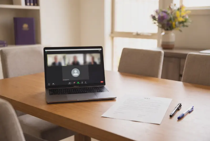 A video consultation beside a printed will prepared for signing by two witnesses