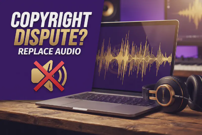 Laptop on a timber desk with screen split into gold audio waveform and plain purple panel, headphones beside in warm light