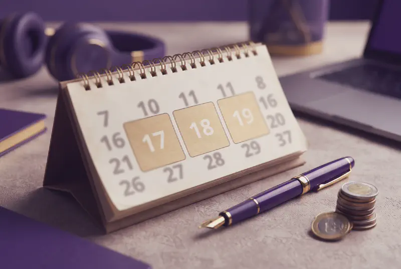 Desk calendar with three consecutive blocks shaded soft gold, a purple fountain pen and small stack of coins in calm morning light