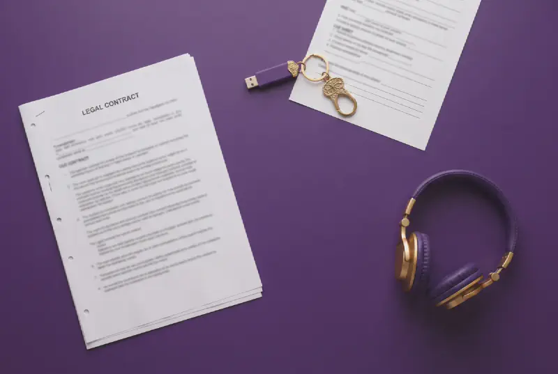 Overhead view of a royal purple desk with a stapled contract, printed cue sheet with blurred lines, USB stick on a gold keyring and small headphones