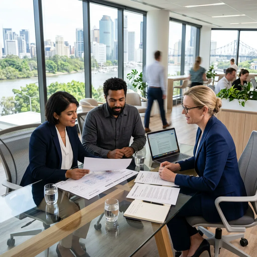 Queensland startup founders reviewing corporate structure and AI compliance documentation with a commercial lawyer