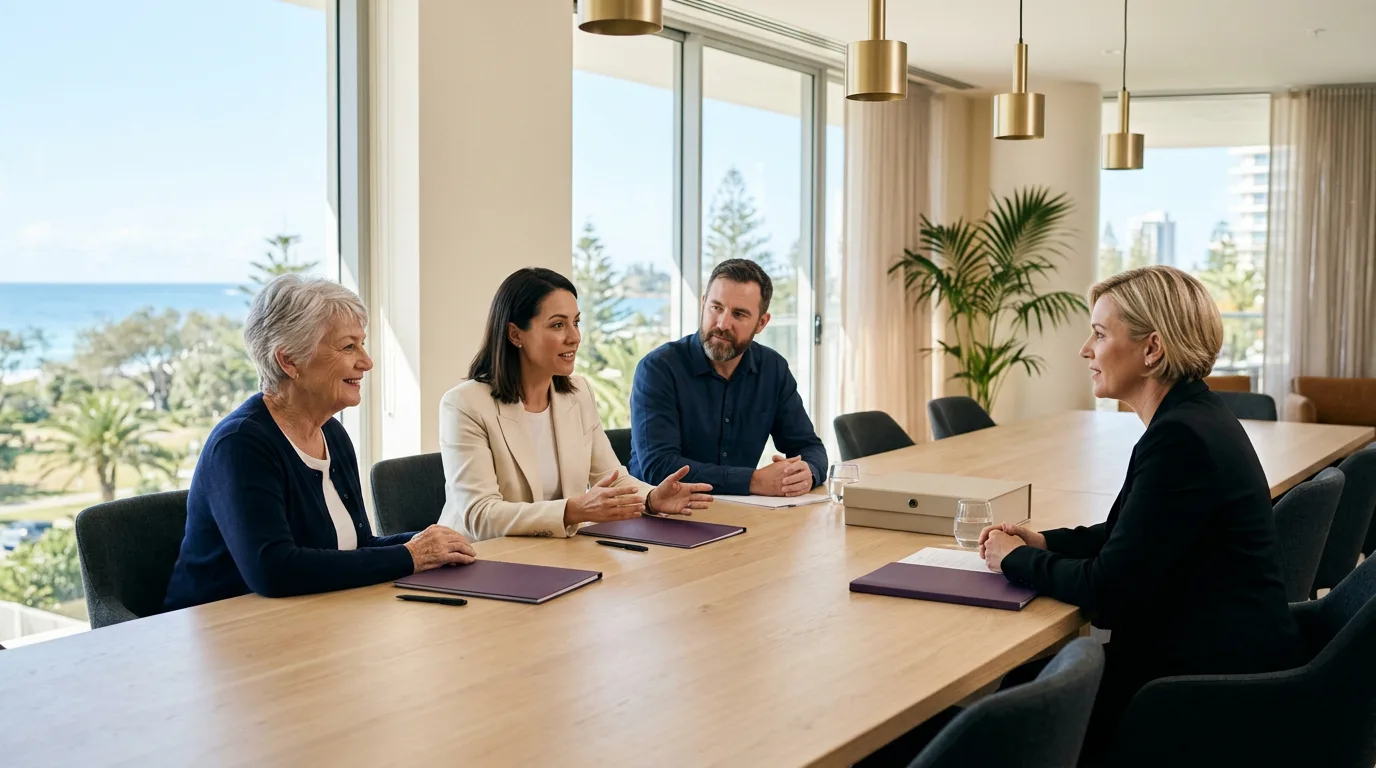 Multigenerational Australian family and independent trustee discussing a family governance plan around a table