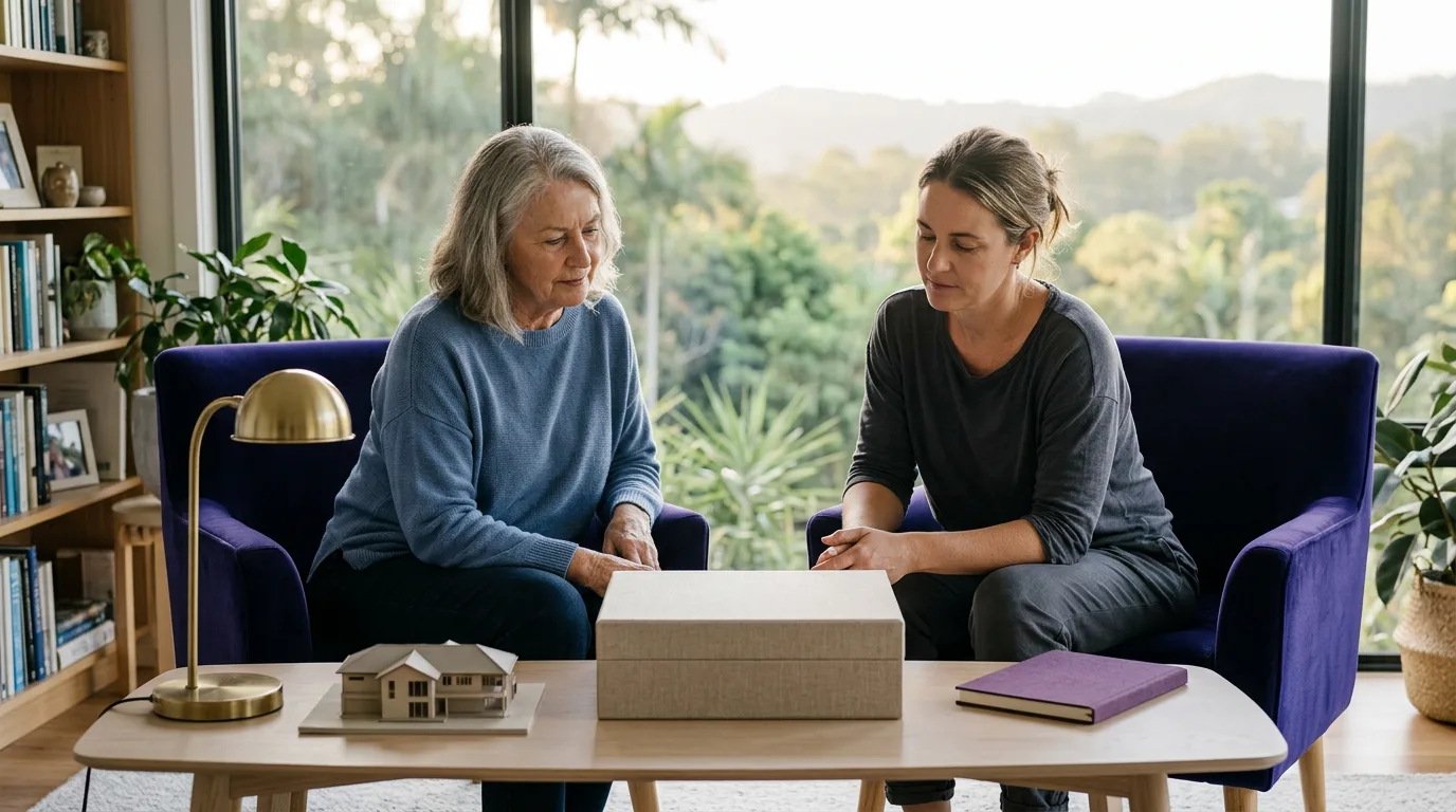 Older parent and adult child calmly discussing estate-planning documents at a Queensland home office table